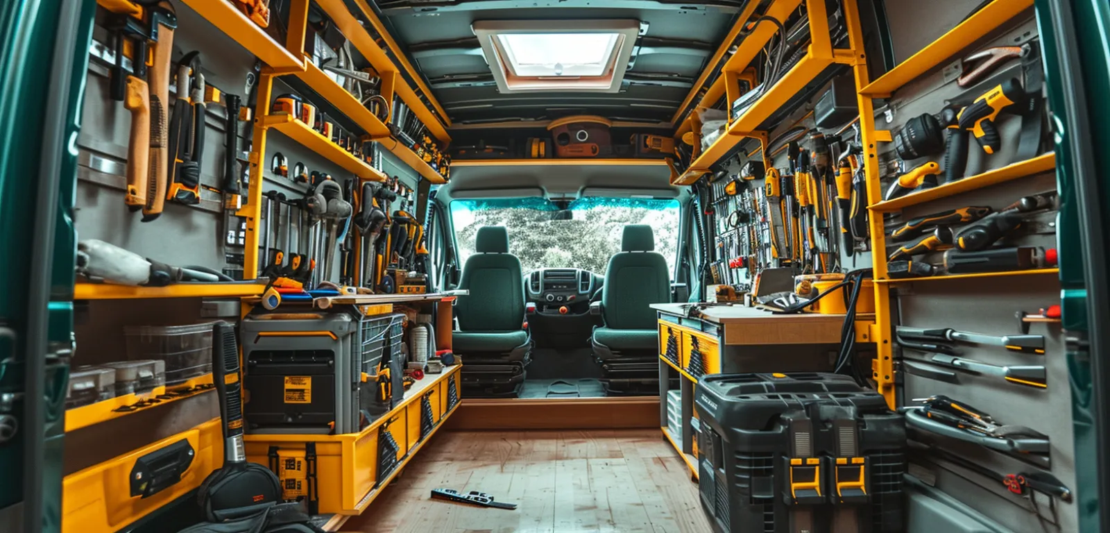 Intérieur d'un fourgon de chantier organisé, outils rangés — univers de la construction