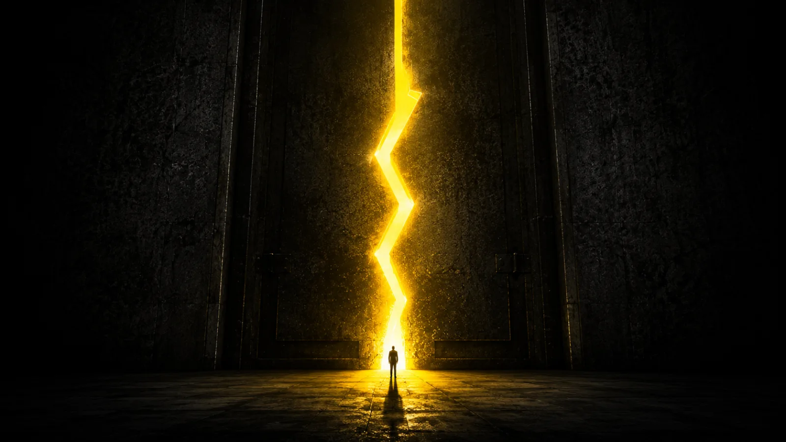 Un mur monumental fendu par une immense faille de lumière jaune ; une silhouette minuscule marche vers la clarté